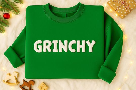 Embossed Grin Sweatshirt, Puff Print Christmas Crewneck