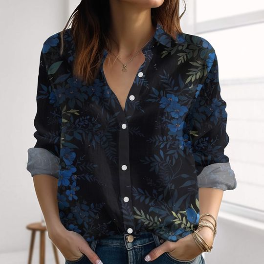 Floral Linen-Look Shirt, Botanical Blouse Shirt, Nature Summer Vacation Top, Gardening Casual Shirt For Her, Cottagecore Gift Idea