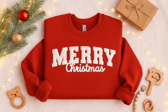 Merry Christmas Embossed Sweatshirt, Christmas Puff Print Jumper