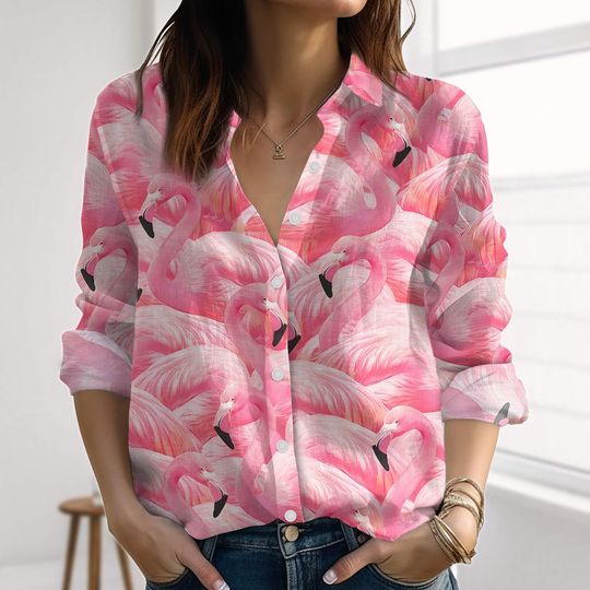 Discover Flamingo Look-Linen Shirt, Pink Birds Blouses Tops, Flamingo Casual Shirt For Women, Beach Trip Button Down Shirt, Summer Clothes