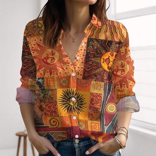 Discover Boho Folk Art Linen-Look Shirt, Cottagecore Blouses Shirt, Vintage Hippie Casual Shirt, Psychedelic Women Shirt, Button Down Shirt