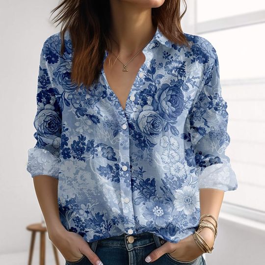 Floral Linen-Look Shirt, Vintage Rose Shirt For Women, Botanical Blouse Shirt, Romance Long Sleeve Shirt