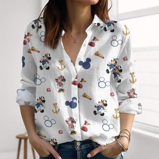 Discover Mickey Minnie Captain Linen-Look Shirt, Disney Cruise Blouse Shirt, Disney Vacation 2025 Casual Shirt, Mickey Mouse Women Shirt