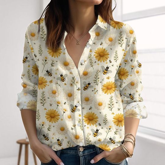 Discover Bee Sunflower Linen-Look Shirt, Botanical Flowers Shirts Women, Nature Love Blouses Tops Women, Floral Flower Shirt, Summer Vibes Gift