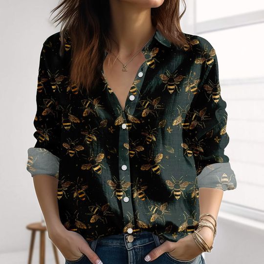 Vintage Bee Floral Linen-Look Shirt, Nature Casual Chic, Bee Love Blouse Shirt, Retro Long Sleeve Shirt
