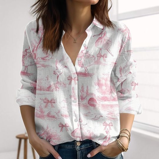 Toile De Jouy Linen-Look Set, Ballet Dancer Women Shirt, Vintage Toile Blouse Tops Women, Cottagecore Casual Shirt For Her