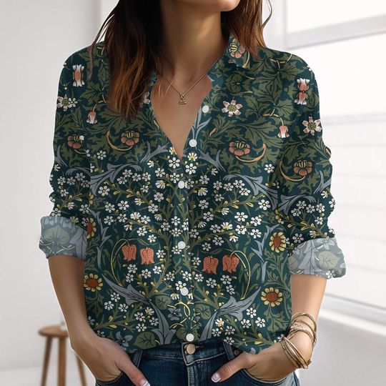 Boho Wildflowers Linen-Look Shirt, Retro Flower Casual Shirt, Botanical Floral Blouses Tops Women, Cottagecore Shirt, Nature Love Gift