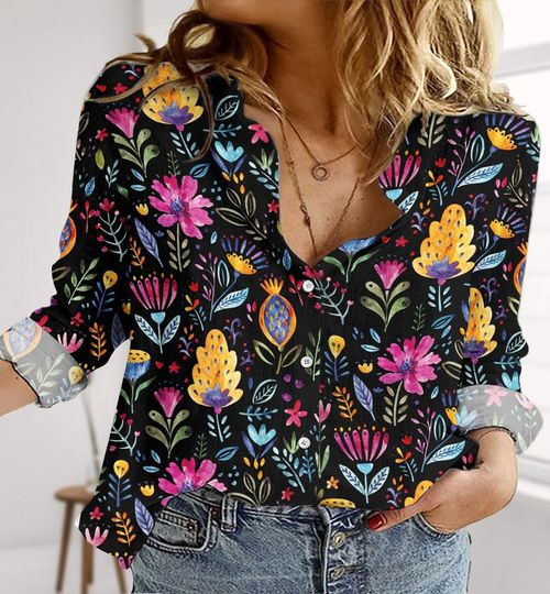 Discover Vintage Wildflower Linen-Look Shirt, Cottagecore Casual Shirt, Garden Blouses Tops Women, Floral Flowers Summer Shirt, Gift For Her
