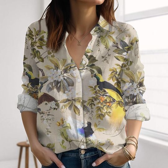 Discover Retro Garden Linen-Look Shirt, Birds And Flowers Blouse Shirt, Botanical Women Shirt, Vintage Floral Shirt, Summer Gift For Her