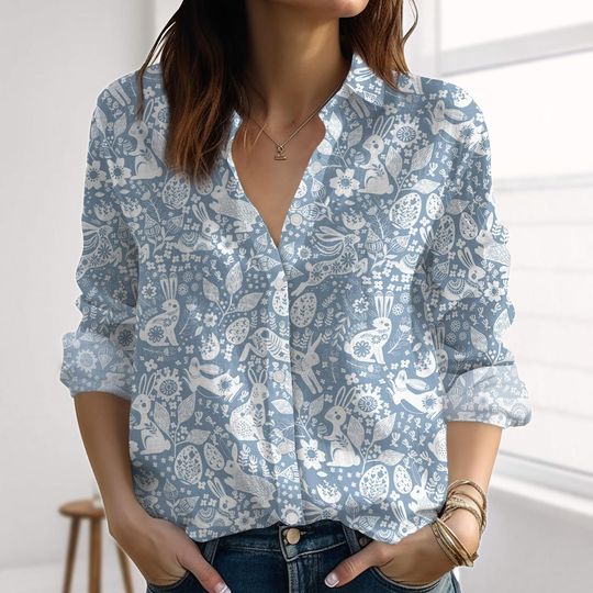 Discover Retro Rabbits Floral Linen-Look Shirt, Nature Love Women Shirt, Animals Blouse Shirt, Floral Flowers Casual Tops, Summer Gift For Her