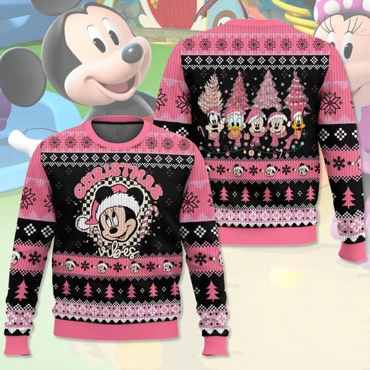 Discover Disney Friends Ugly Christmas Sweater, Mickey Minnie Goofy Donald Pink Knit Sweater, Christmas Vibes Pullover, Holiday Gift