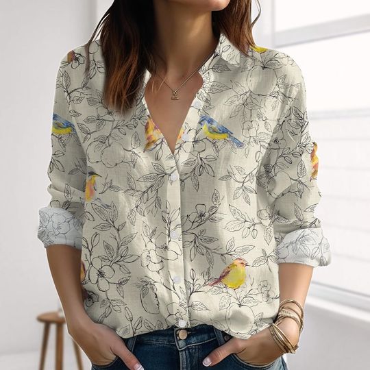 Discover Birds Floral Linen-Look Shirt, Nature Blouse For Women, Retro Botanical Casual Shirt, Gardening Shirt, Vacation Gift for Her