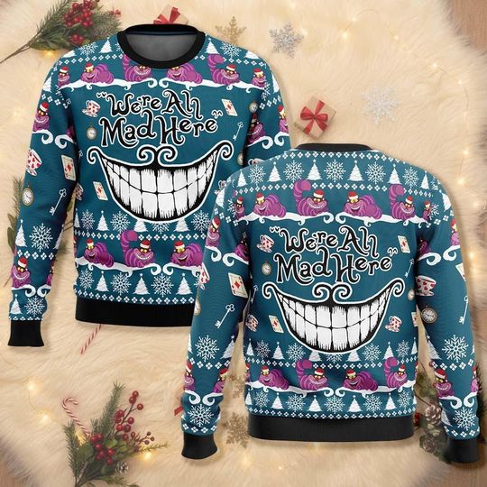 Discover Cheshire Cat Ugly Christmas Sweater, Alice Wonderland Christmas Sweater, Mad Hatter Shirt, Book Christmas Shirt, Disney Holiday Shirt