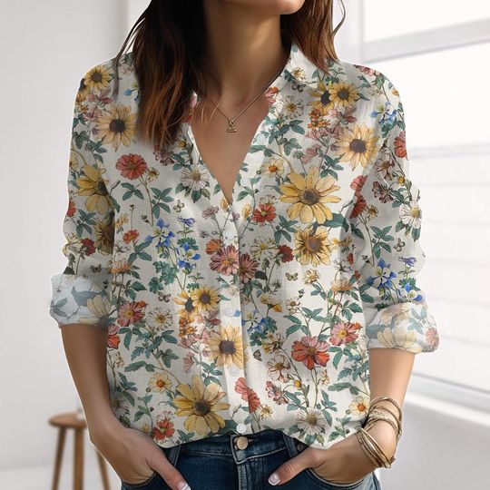 Vintage Wildflowers Linen-Look Shirt, Spring Shirts For Women, Floral Flowers Blouse Shirt, Botanical Casual Tops For Summer