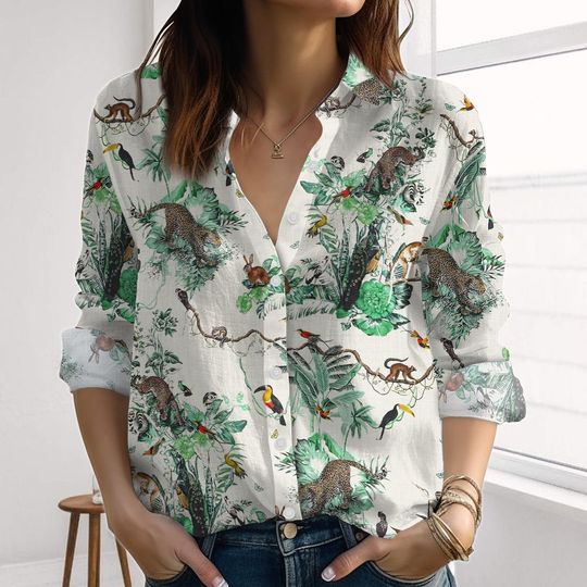 Discover Tropical Jungle Animal Linen-Look Shirt, Leopard and Toucan Women Shirt, Green Forest Casual Shirt For Summer, Blouses Top For Her