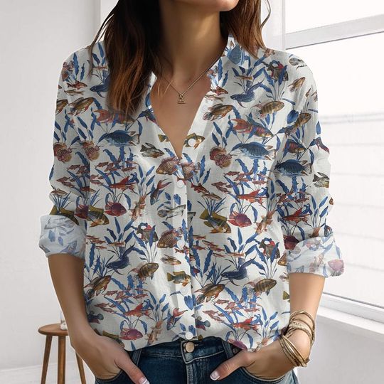 Ocean Fish And Seaweed Linen-Look Shirt, Blue Marine Life Blouse For Women, Coastal Summer Shirt, Beach Vacation Gift for Her