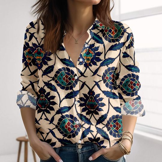 Ottoman Floral Linen-Look Shirt, Turkish Tile Blouse Shirt, Boho Ethnic Folk Pattern Women Shirt