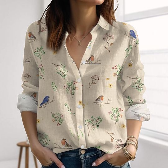Discover Birds Garden Linen-Look Shirt, Flowers Blouses Shirt, Nature Love Casual Shirt, Vintage Button Women Shirt, Plant Shirts, Summer Gift