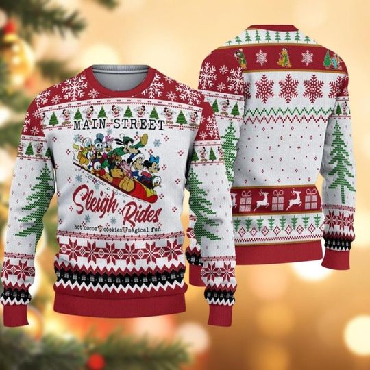Discover Disney Main Street Sleigh Rides Ugly Christmas Sweater, Disney Xmas Sweater, Disney Family Vacation Shirt, Mickey And Friends Shirt