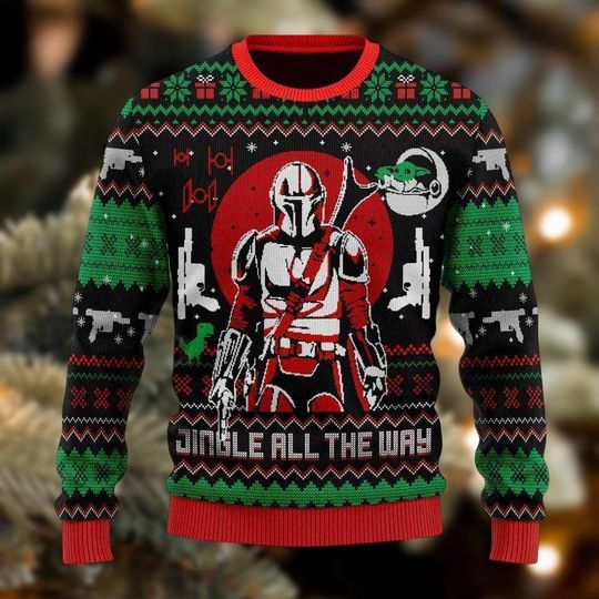 Discover The Mandalorian Jingle All The Way Ugly Christmas Sweater, Star Wars Xmas Sweater, Baby Yoda Sweatshirt, Disney Xmas Holiday Sweater