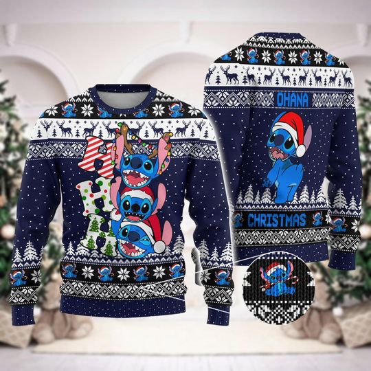 Discover Christmas Personalized Stitch Ugly Sweater, Hohoho Lilo And Stitch Shirt, Disneyland Trip Holiday Sweater, Disney Blue Dog Lovers Gift
