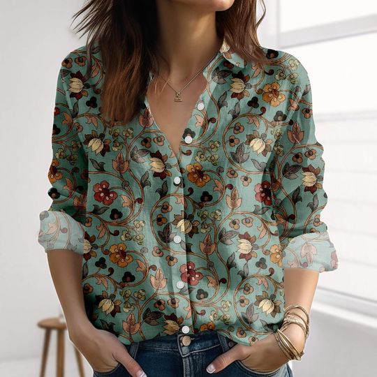 Vintage Baroque Floral Linen-Look Shirt, Retro Botanical Blouse Shirt, Fall Shirt For Women, Elegant Halloween Casual Shirt