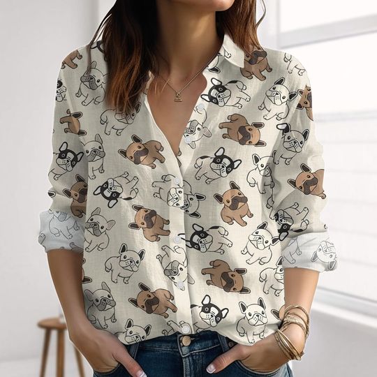Discover Bulldog Linen-Look Shirt, Funny Dogs Blouses Shirt, Cute Dog Casual Shirt, Summer Clothing For Women