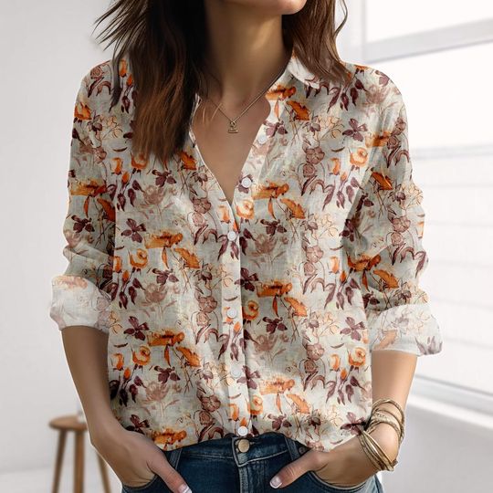 Retro Birds Flowers Linen-Look Shirt, Autumn Woodland Animal Blouse Shirt, Cozy Cottagecore Women Shirt, Forest Animal Casual Shirt