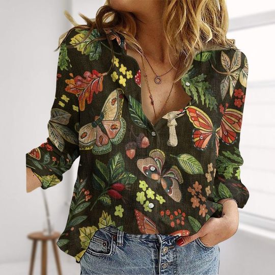 Vintage Mushroom Linen-Look Shirt, Butterflies Women Shirt, Wild Flower Blouse Shirt, Mushroom Collector Summer Shirt, Vacation Gifts