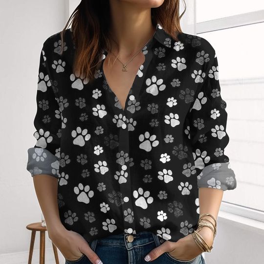 Discover Dog Pattern Linen-Look Shirt, Dog Footprints Blouses Shirt, Dog Women Shirt For Summer, Cute Pet Shirt, Vacation Shirt For Her