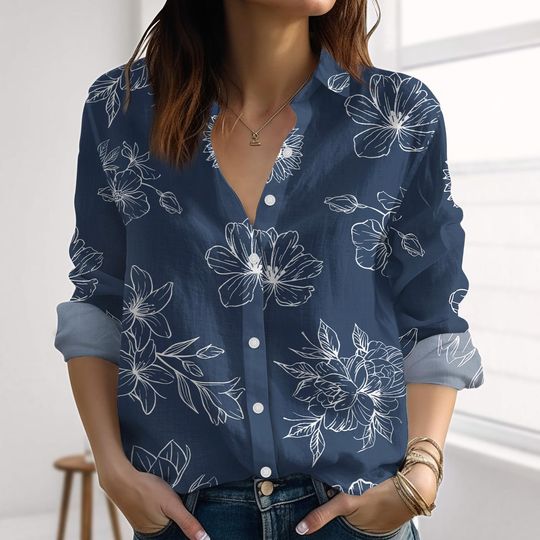 Discover Retro Flower Linen-Look Shirt, Botanical Blouses Tops Women, Nature Love Casual Shirt For Women, Summer Clothes, Gift For Her
