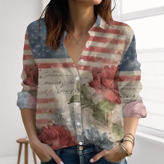 Discover Retro 4th Of July America Linen-Look Shirt, Vintage Floral Flowers Women Shirt, USA Blouses Shirt, Independence Day, Patriotic Gifts