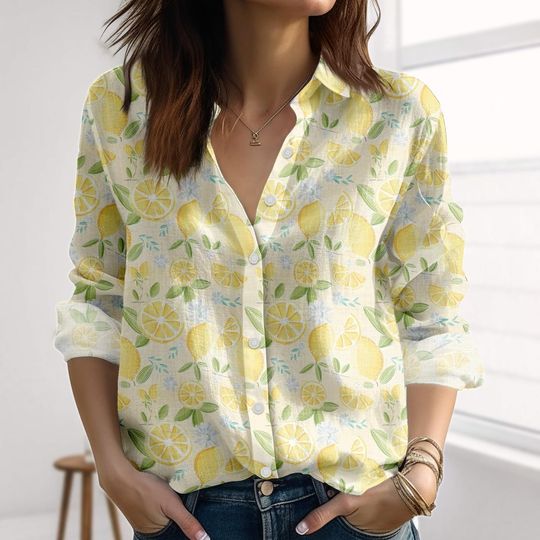 Lemon Summer Linen-Look Shirt, Cute Fruit Blouse Shirt, Girly Button Shirt, Nature Love Gift For Her