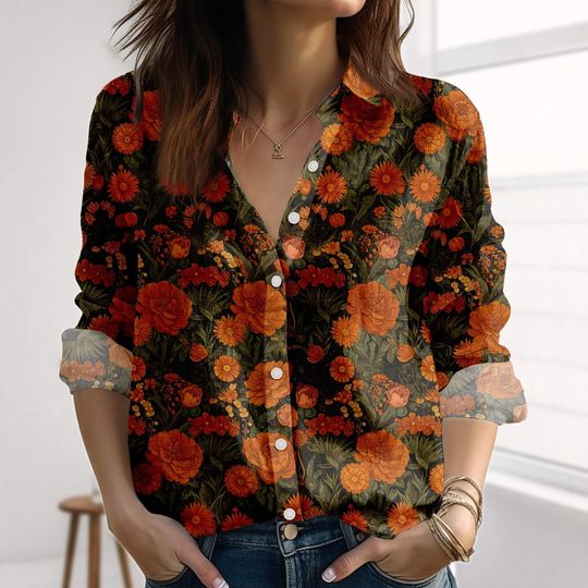 Vintage Fall Floral Linen-Look Shirt, Orange Autumn Flowers Blouse Shirt, Retro Cottagecore Casual Tops for Women, Cute Fall Outfits
