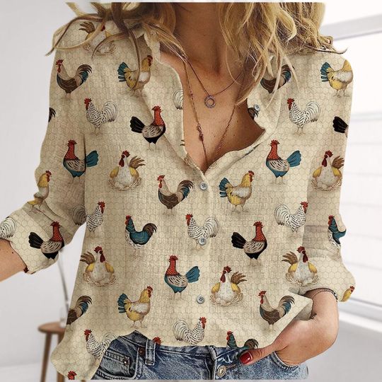 Joycorners Chickens Linen-Look Shirt, Cute Chicken Casual Shirt, Farmer Shirt For Women, Animals Blouses Shirts, Casual Summer Tops