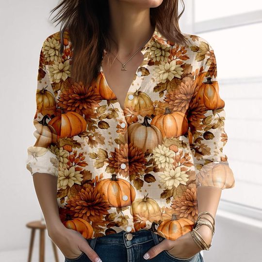 Fall Pumpkin Floral Linen-Look Shirt, Autumn Harvest Women Shirt, Retro Leaves Blouses Women Top, Halloween Outfits