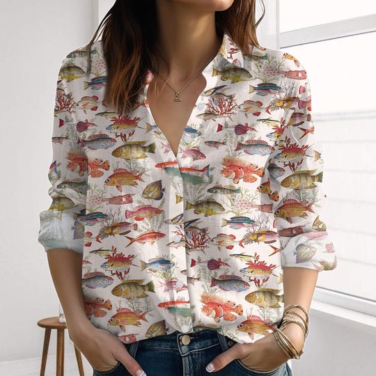 Fish Tropical Linen-Look Shirt, Ocean Shirt For Women, Sea Life Print Blouses Shirt, Fishing Casual Shirt, Beach Gifts