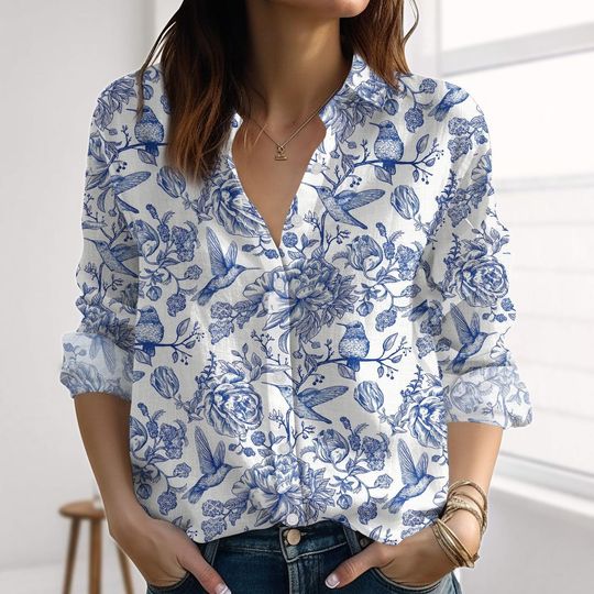 Discover Botanical Linen-Look Shirt, Retro Flower Blouses Tops Women, Nature Love Casual Shirt, Vintage Floral Shirt, Gardening Shirt For Summer