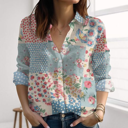 Discover Retro Wildflowerl Linen-Look Shirt, Cottagecore Blouses Shirt, Nature Love Casual Shirt, Vintage Floral Women Shirt, Vacation Gift