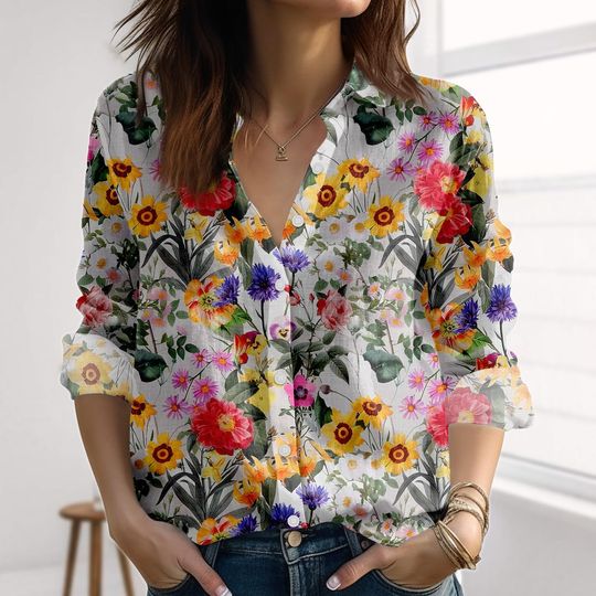 Discover Colorful Floral Linen-Look Shirt, Plant Love Blouse Shirt, Cottagecore Shirt For Women, Gardening Casual Tops, Summer Shirt