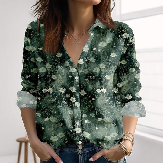 Discover Floral Linen-Look Shirt, Daisy Botanical Blouse Shirt, Vintage Flower Shirt Women, Naturecore Casual Women's Shirt