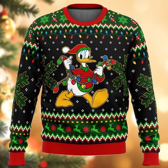 Discover Christmas Lights Donald Duck Ugly Sweater, Donald Santa Shirt, Disney Movie Cartoon Xmas Sweater, Holiday Sweater For Women Men Kids