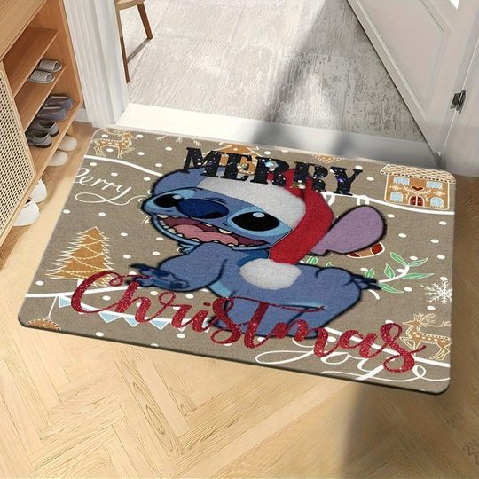 Discover Disney Stitch wears a red hat and welcomes the door mat with Christmas songs