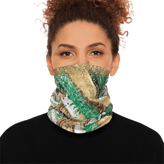 Discover Gold, Green & White Neck Gaiter: UPF 50+ Microfiber
