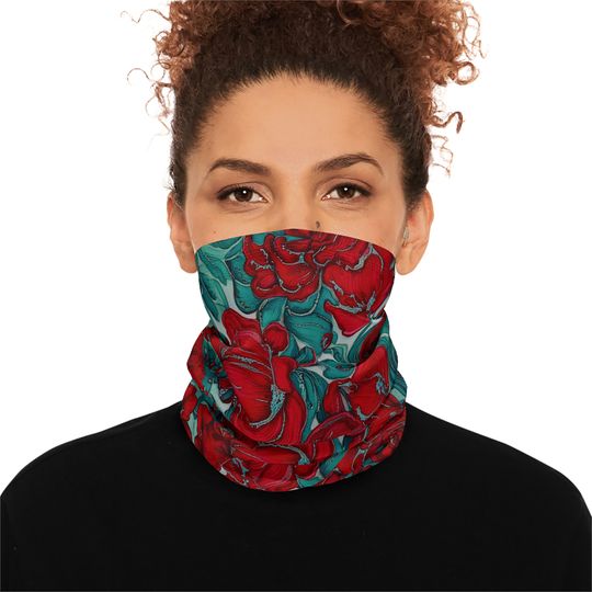 Discover Red Blue Roses Winter Neck Gaiter: Drawstring Face Covering
