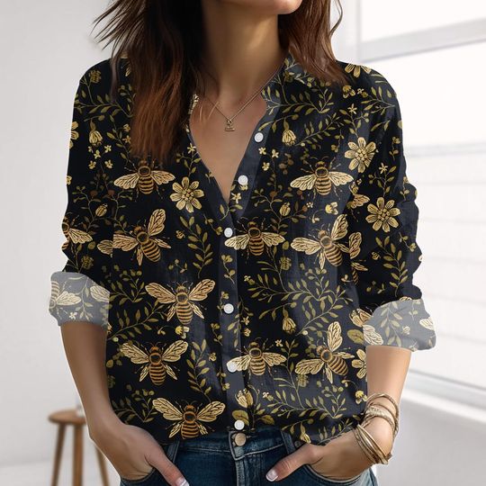 Vintage Bee Flowers Linen-Look Shirt, Retro Floral Women Shirt, Nature Blouse Tops Women, Cottagecore Button Shirt, Halloween Gifts