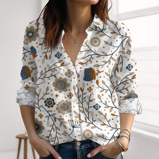Discover Vintage Floral Linen-Look Shirt, Botanical Blouse Shirt, Folk Pattern Shirts For Women, Retro Casual Shirt, Summer Vacation Tops