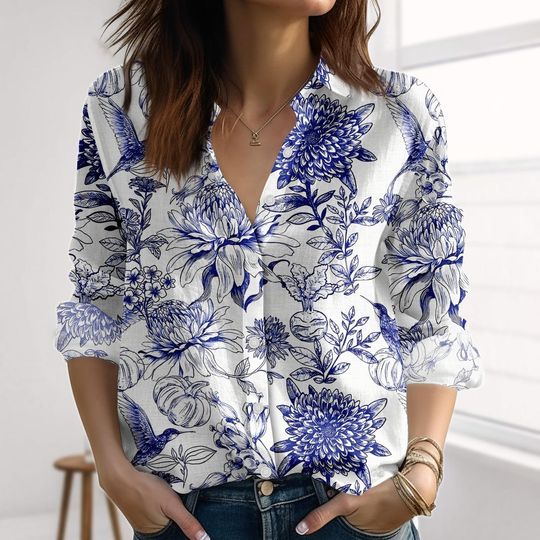 Vintage Floral Linen-Look Shirt, Botanical Women Shirt, Cottagecore Garden Casual Shirt, Flowers Love Shirt, Gift For Her