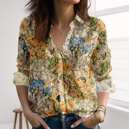Vintage Floral Linen-Look Shirt, Butterfly Hummingbird Blouse Shirt, Gardening Shirt For Women, Fall Boho Casual Shirt