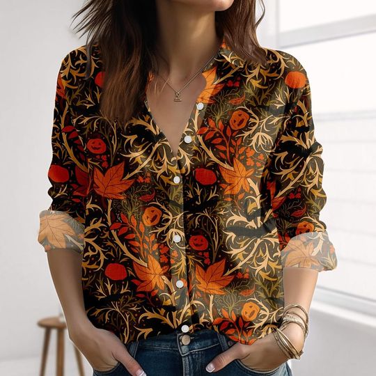 Retro Halloween Pumpkin Linen-Look Shirt, Autumn Leaves Women Shirt, Spooky Bat Floral Blouse Shirt, Boho Shirt For Halloween Gift